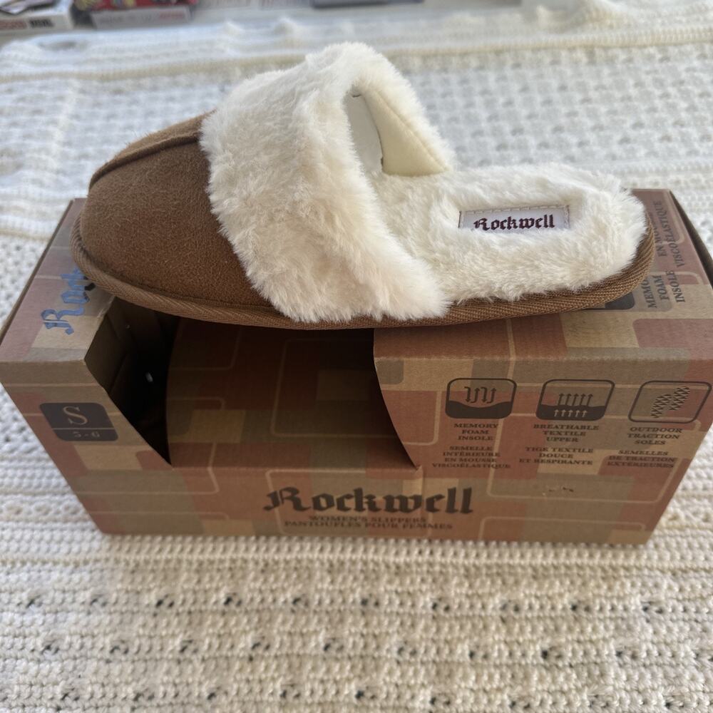 Rockwell Women's Tan Scuff-Style Slippers with Faux Fur Trim , Size S (5-6)